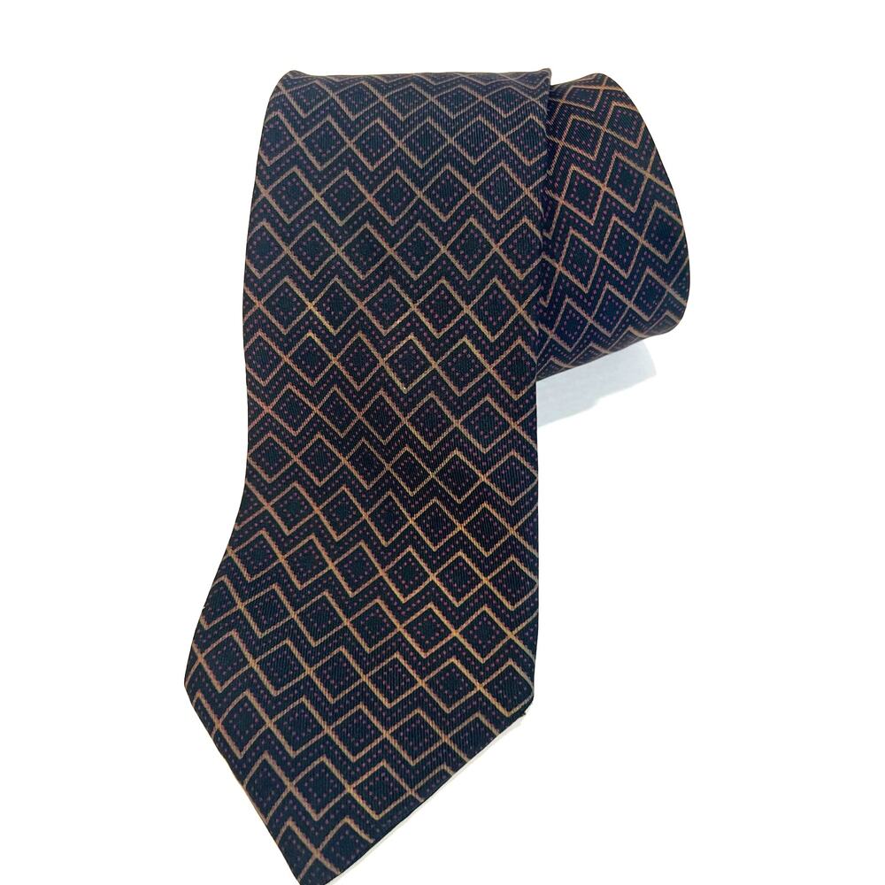 Hermes Men's Silk Slim Neck Tie Brown Pink Tan Diamond Pattern Made in France JP
